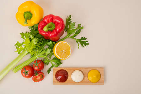 Different sauces collection. ketchup, mayonnaise, mustard with food 166