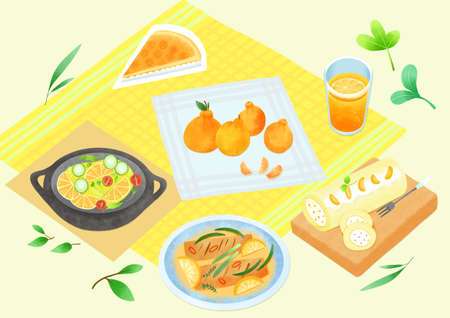 Spring picnic with different food on blanket illustration 007の写真素材