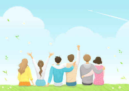 Start a new life concept, happy group of people from the back illustration 001の写真素材