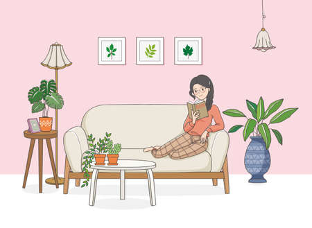 Indoor garden concept, houseplant with woman illustration 004のイラスト素材