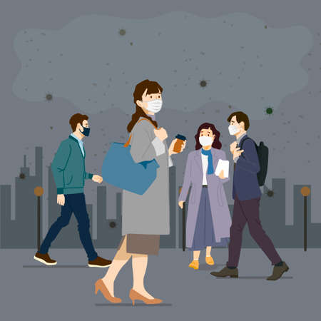 Air pollution concept, people face wearing masks illustration 001のイラスト素材
