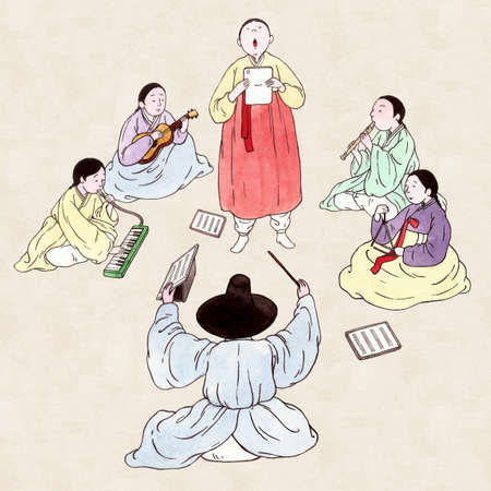 Korean retro pop art style, traditional education concept illustrationの写真素材