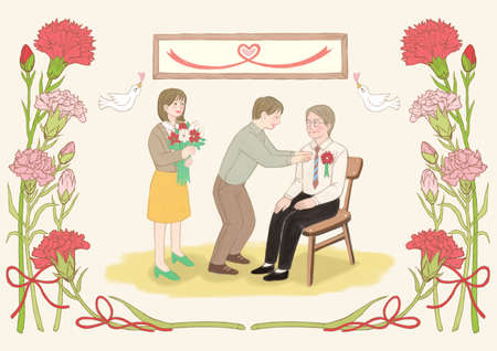 Spring floral frame with happy people illustrationの写真素材