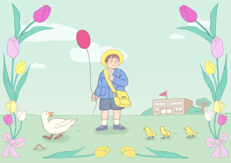 Spring floral frame with happy people illustrationの写真素材