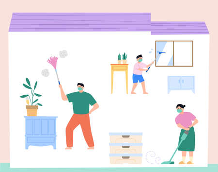 Daily lifestyle in house, daily routine in flat illustrationのイラスト素材