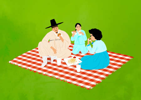 Modern lifestyle of Korean traditional cloth wearing people, retro style illustration 003の写真素材