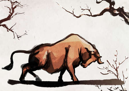 New year 2021, year of the ox ink painting illustration 011の写真素材