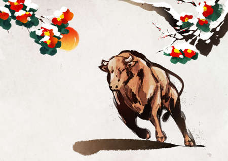 New year 2021, year of the ox ink painting illustration 001の写真素材