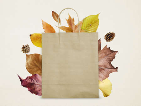 Autumn leaves and a shopping bag.の写真素材