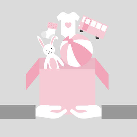 Two hands holding a box with baby supplies.のイラスト素材