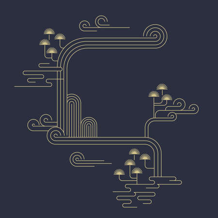 Korean traditional vector illustration. Cloud and pine tree line drawing.のイラスト素材