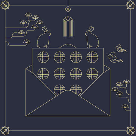 Korean traditional vector illustration. Letters printed with traditional patterns and rabbits.のイラスト素材