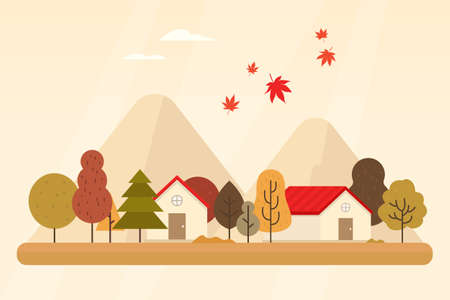 Illustration of landscape with brown trees and houses in autumn.のイラスト素材