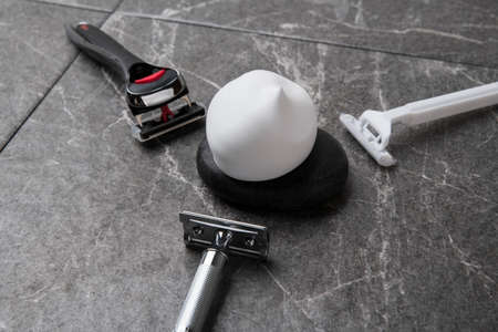 Shaving razors, brush and foam object 012の写真素材