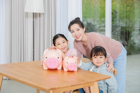 Portrait of happy cheerful family, young mother and two daughters 188の写真素材