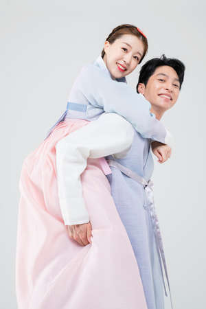 Male and female in Korean traditional clothes Hanbok 181の写真素材