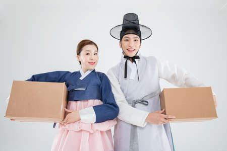 Male and female in Korean traditional clothes Hanbok. comic humorous concept. 159