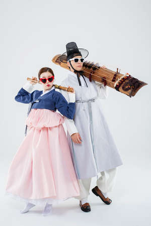 Male and female in Korean traditional clothes Hanbok. comic humorous concept. 073の写真素材