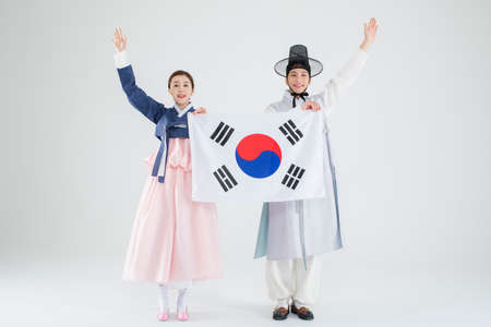 Male and female in Korean traditional clothes Hanbok. comic humorous concept. 166の写真素材