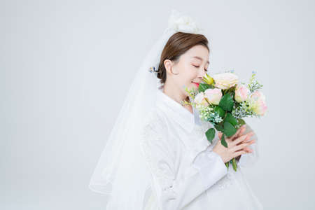 Wedding couple wears korean traditional korean wedding dress Hanbok 064の写真素材