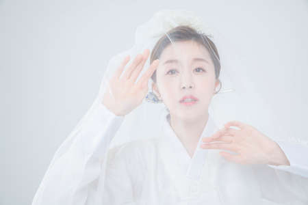 Wedding couple wears korean traditional korean wedding dress Hanbok 049の写真素材