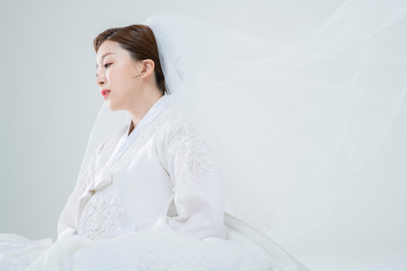 Wedding couple wears korean traditional korean wedding dress Hanbok 080の写真素材