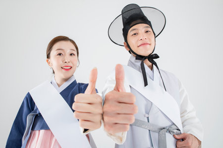 Male and female in Korean traditional clothes Hanbok. comic humorous concept. 172の写真素材