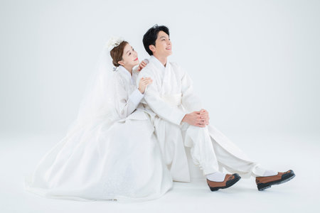 Wedding couple wears korean traditional korean wedding dress Hanbok 125の写真素材