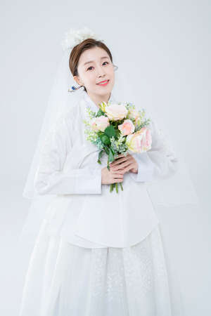 Wedding couple wears korean traditional korean wedding dress Hanbok 063の写真素材