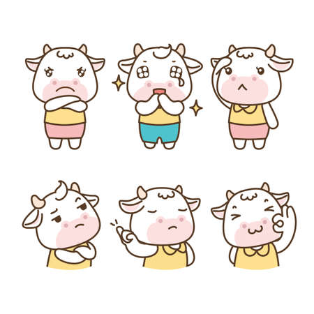 Set of cute cow emoticon icons cartoon illustration 003のイラスト素材