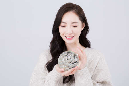 Asian female model with long hair, winter beauty concept