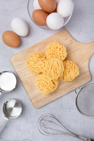 raw egg noodlesの写真素材