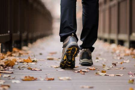 Asian handsome man trekking, climbing autumn mountain