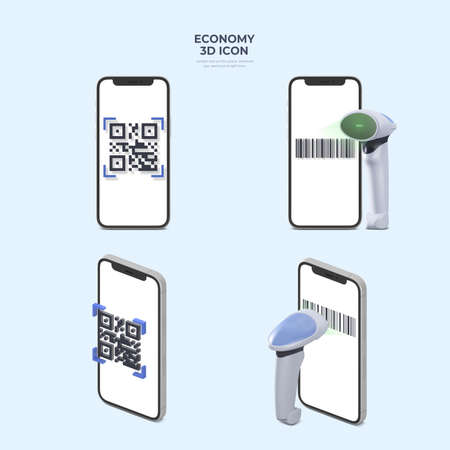 finance 3D icons, QR and barcode scanning for mobile payment