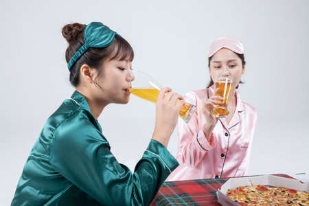 girls, ladies pajama sleepoverparty conceptの写真素材