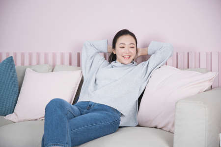 happy Asian single solo woman living alone concept