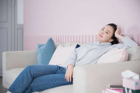 happy Asian single solo woman living alone concept