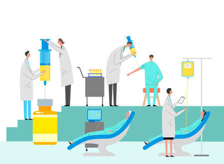 Medical vaccine research concept. scientists in laboratory, chemical researchers with lab equipment illustration 009のイラスト素材