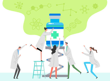Medical vaccine research concept. scientists in laboratory, chemical researchers with lab equipment illustration 007のイラスト素材