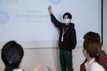 young startup business team concept having presentation meeting with maskの写真素材