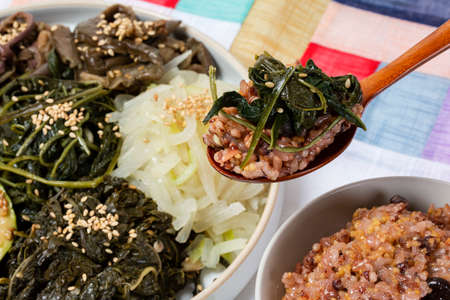 Boreum Namul and Ogok Bap of Korea, variety of edible grass and five grain bean riceの写真素材