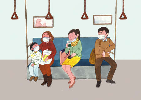 person drinking without mask in public transportationの写真素材
