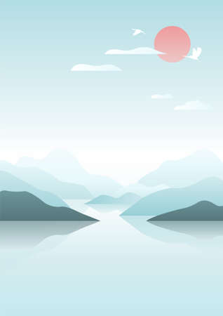 A vector illustration of a landscape of Korean lake and sun.のイラスト素材