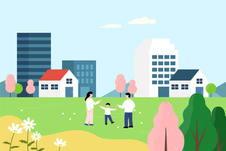Family walking happily in town.のイラスト素材