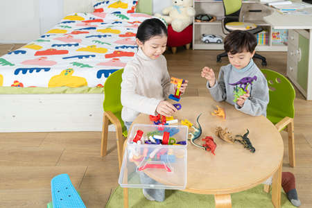 Asian girl and boy, sister and brother playing with toyの写真素材