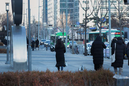 cold weather, winter street with peopleの写真素材