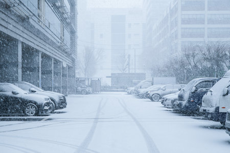 snow in parking lotの写真素材