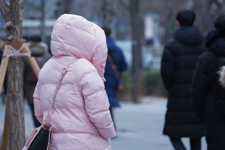 cold weather, winter street with peopleの写真素材