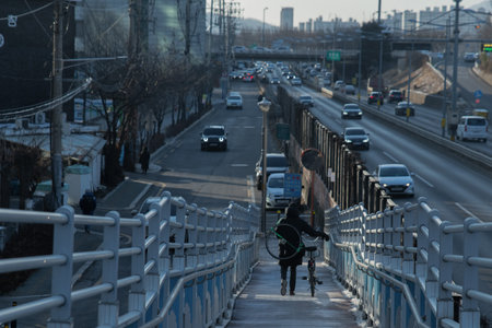 people holding bicycle to cross overpass in winterの写真素材