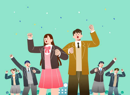 Overcome covid era together, students cheering upのイラスト素材